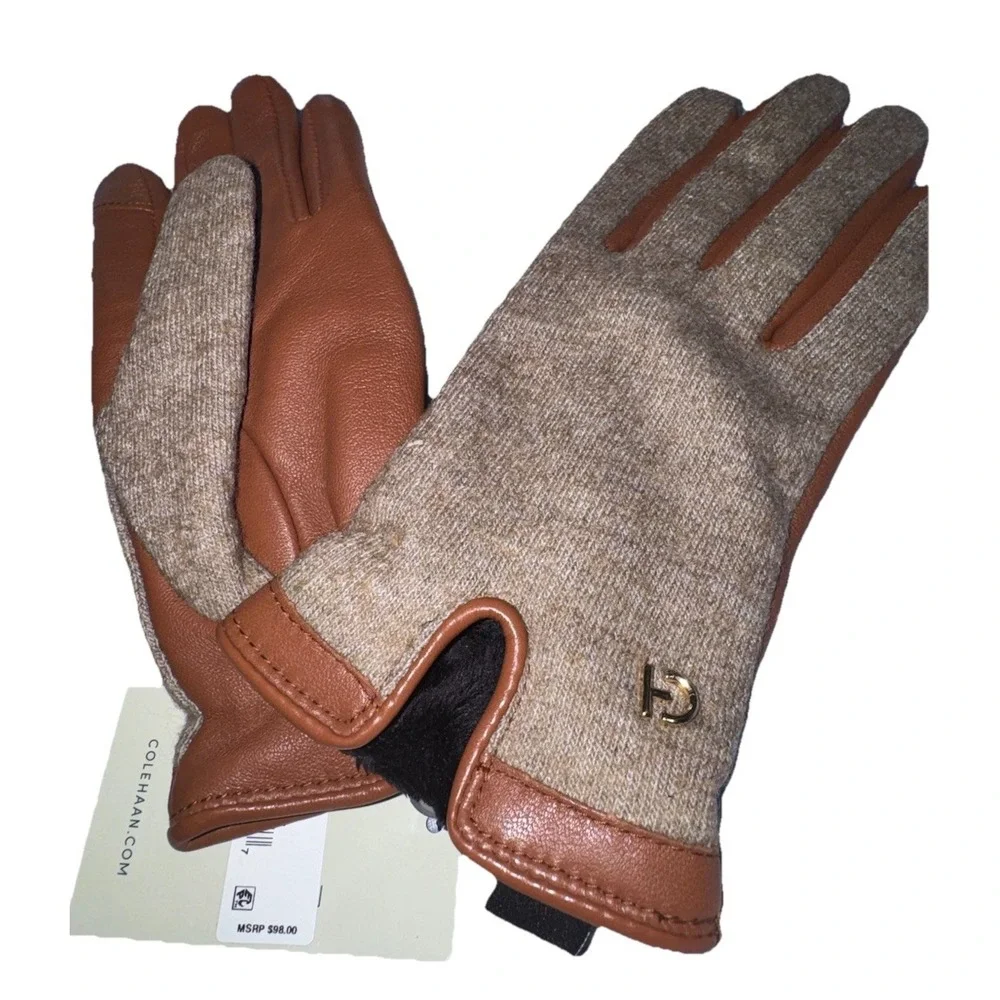 Cole Haan Women Woven Backed Gloves Sz S Teak Colorblock‎ Brown Tan Wool Leather
